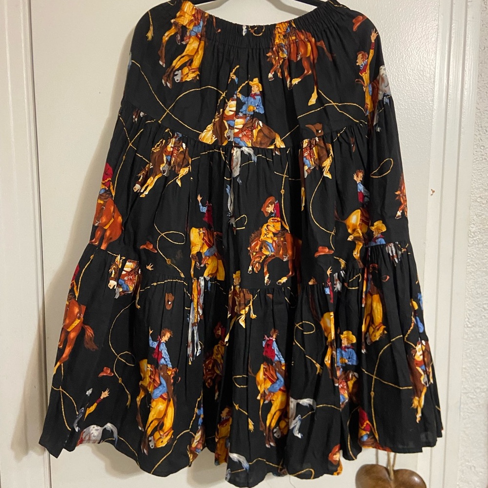 Vintage 80s Western Rodeo cowboy print maxi skirt, L or XL.